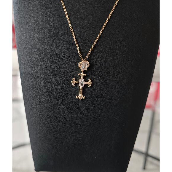 Stainless Steel Gold Rhinestone Ctoss Necklace New - Picture 5 of 5